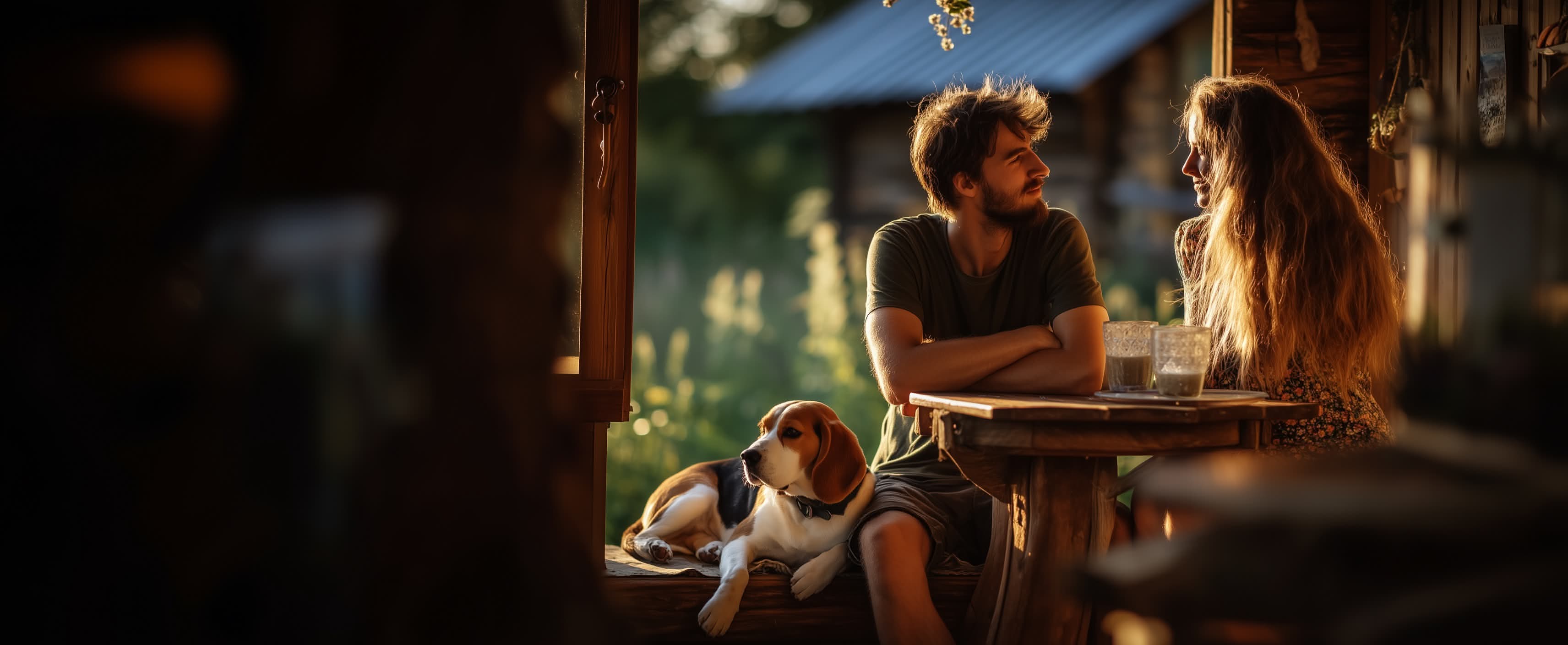 Couple looking at their laptop while sitting in the garden