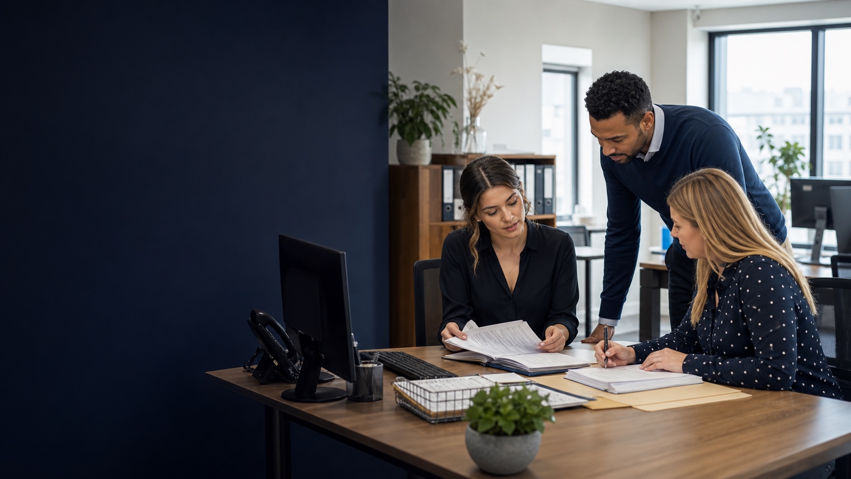 Conveyancing professionals reviewing documents together in an office