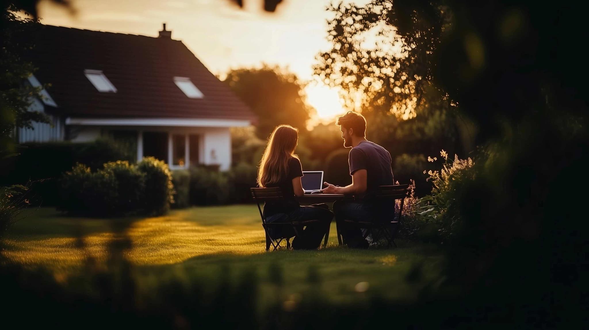 Couple looking at their laptop while sitting in the garden