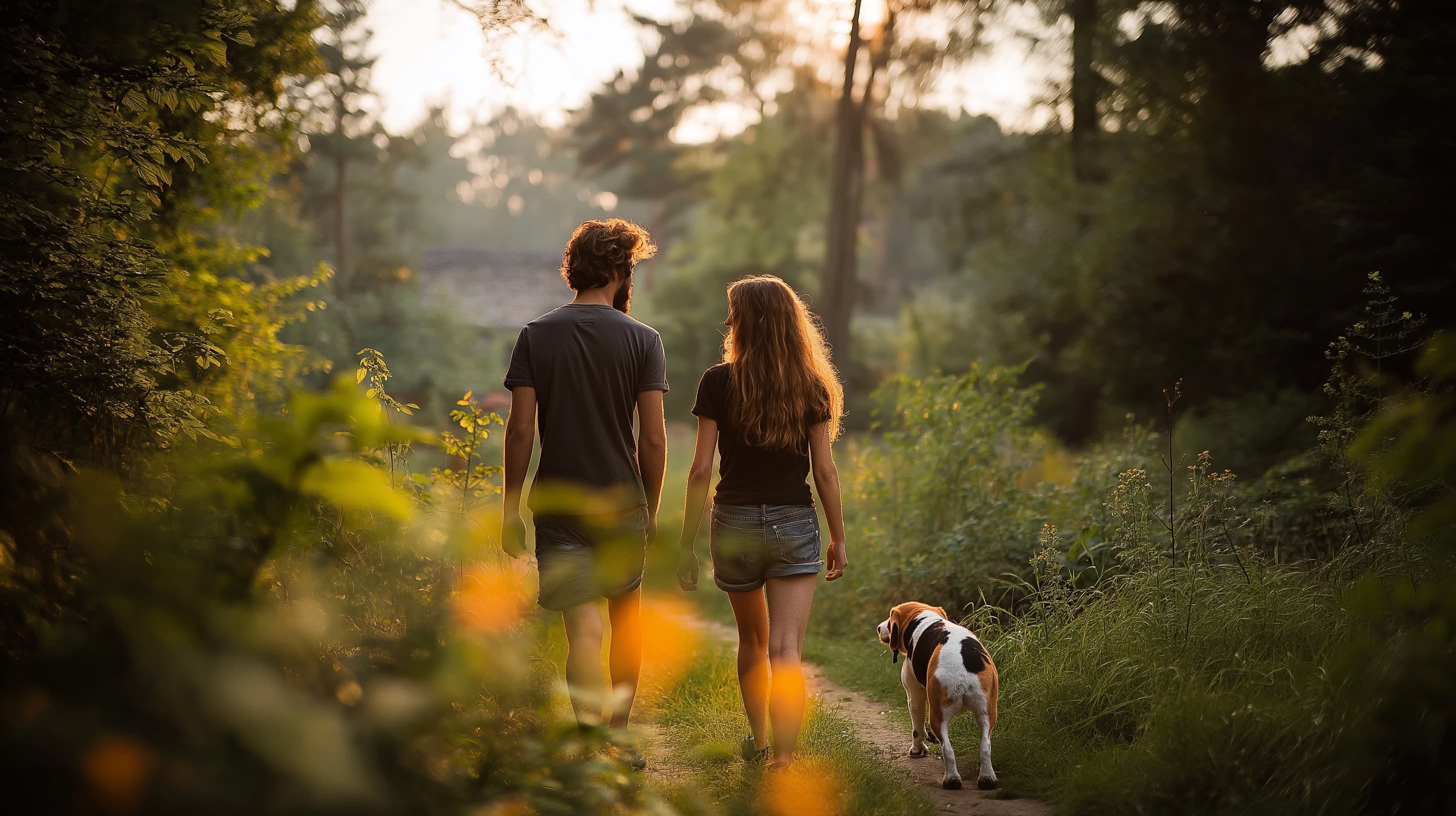 Couple looking at their laptop while sitting in the garden